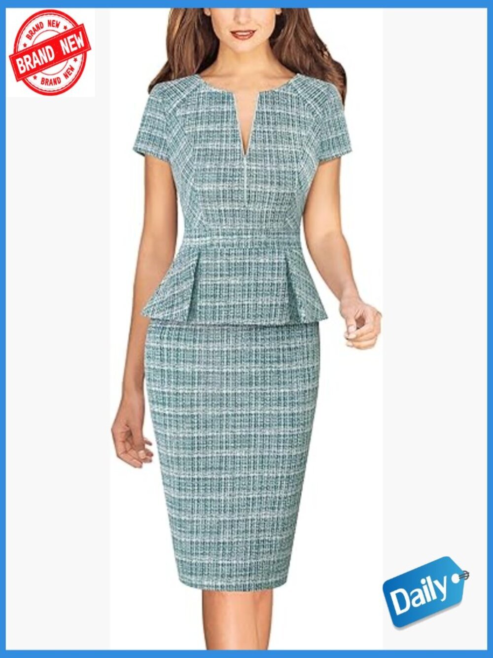 Short Sleeve Peplum Bodycon Pencil Dress with Front Zipper Sheath